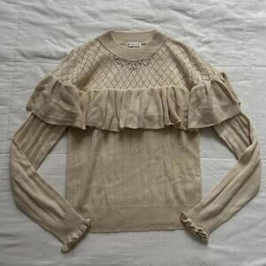 Axes Femme cream long sleeve sweater with ruffles beaded and pointelle detailing
